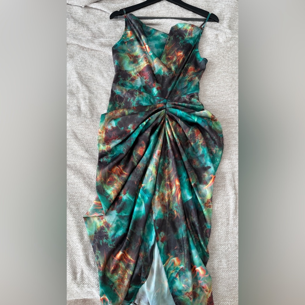PrettyLittleThing Teal, Black & Copper Asymmetrical Ruched Dress